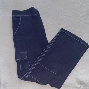 Navy blue cargo pants with white trim